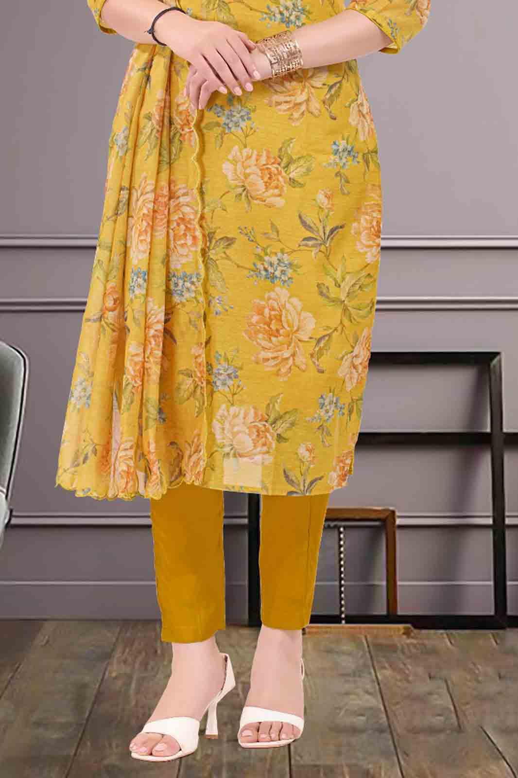 Yellow Floral Printed Kurti Suit Set with Embroidered Neckline