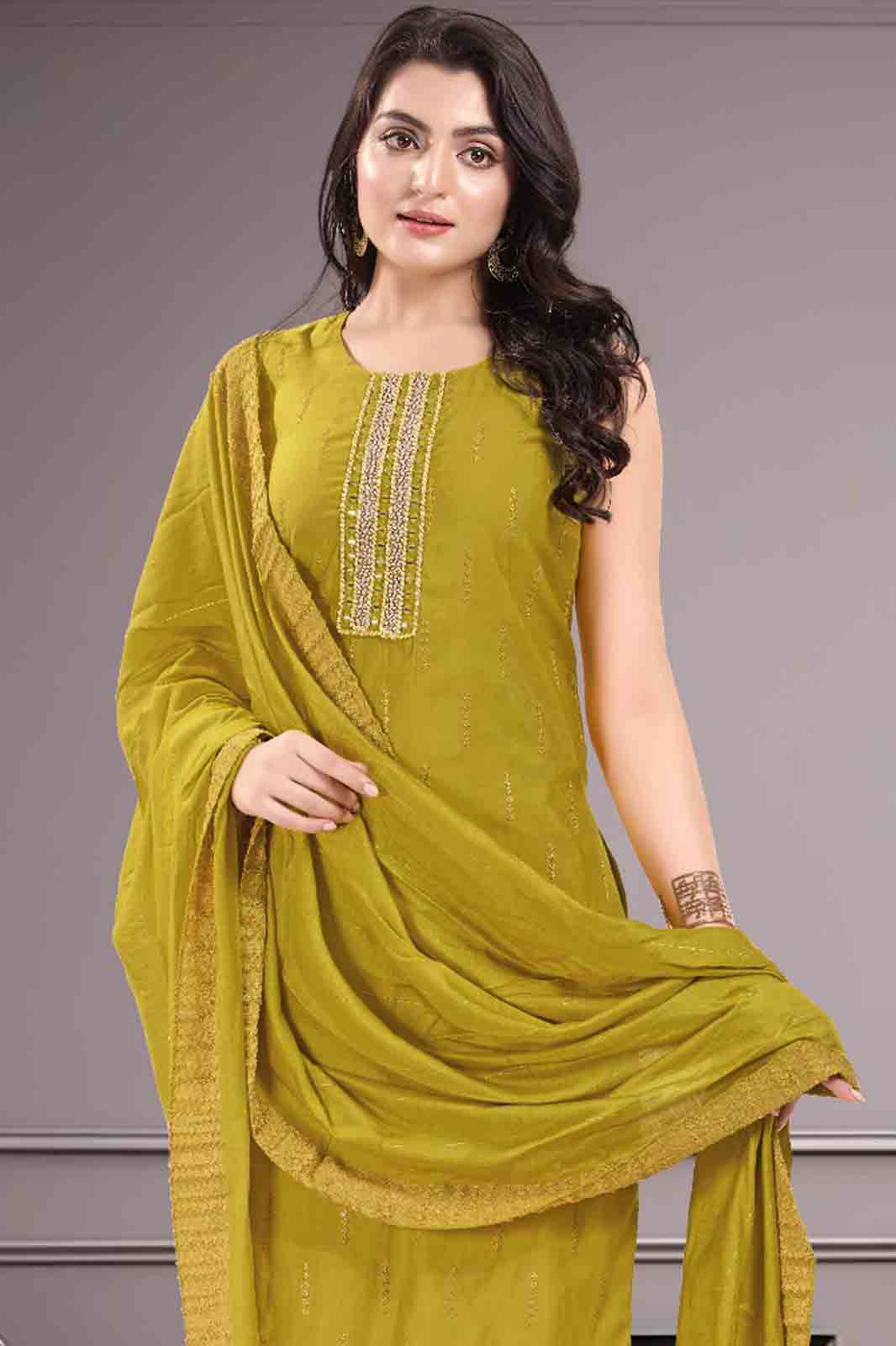 Olive Yellow Embroidered Kurti Suit Set with Matching Dupatta