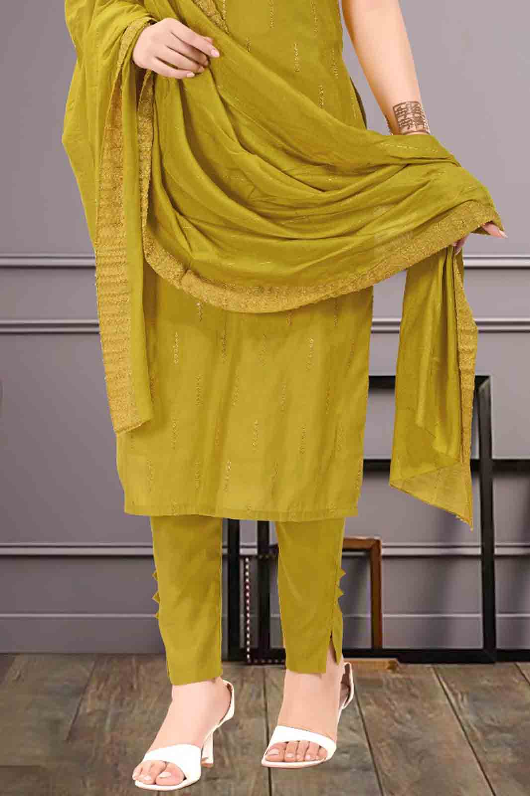 Olive Yellow Embroidered Kurti Suit Set with Matching Dupatta