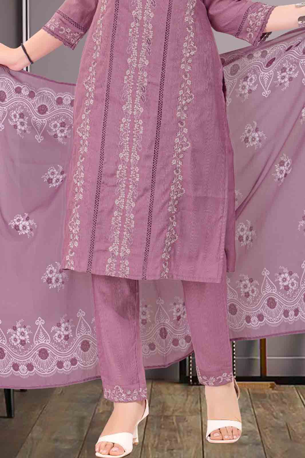 Dusty Pink Thread Embroidered Kurti Suit with Heavy Dupatta