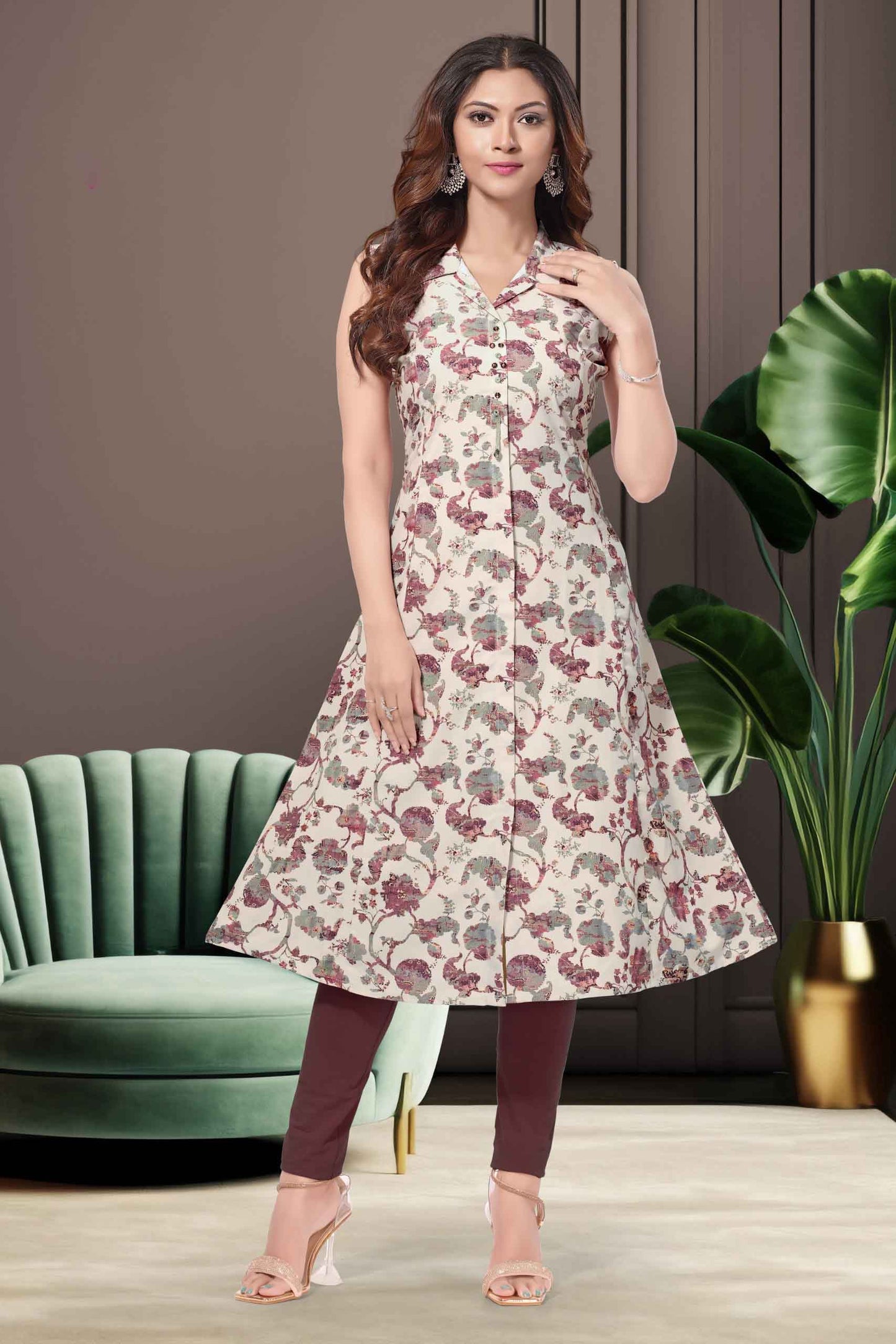 Beige Maroon Floral Printed A-Line Kurti