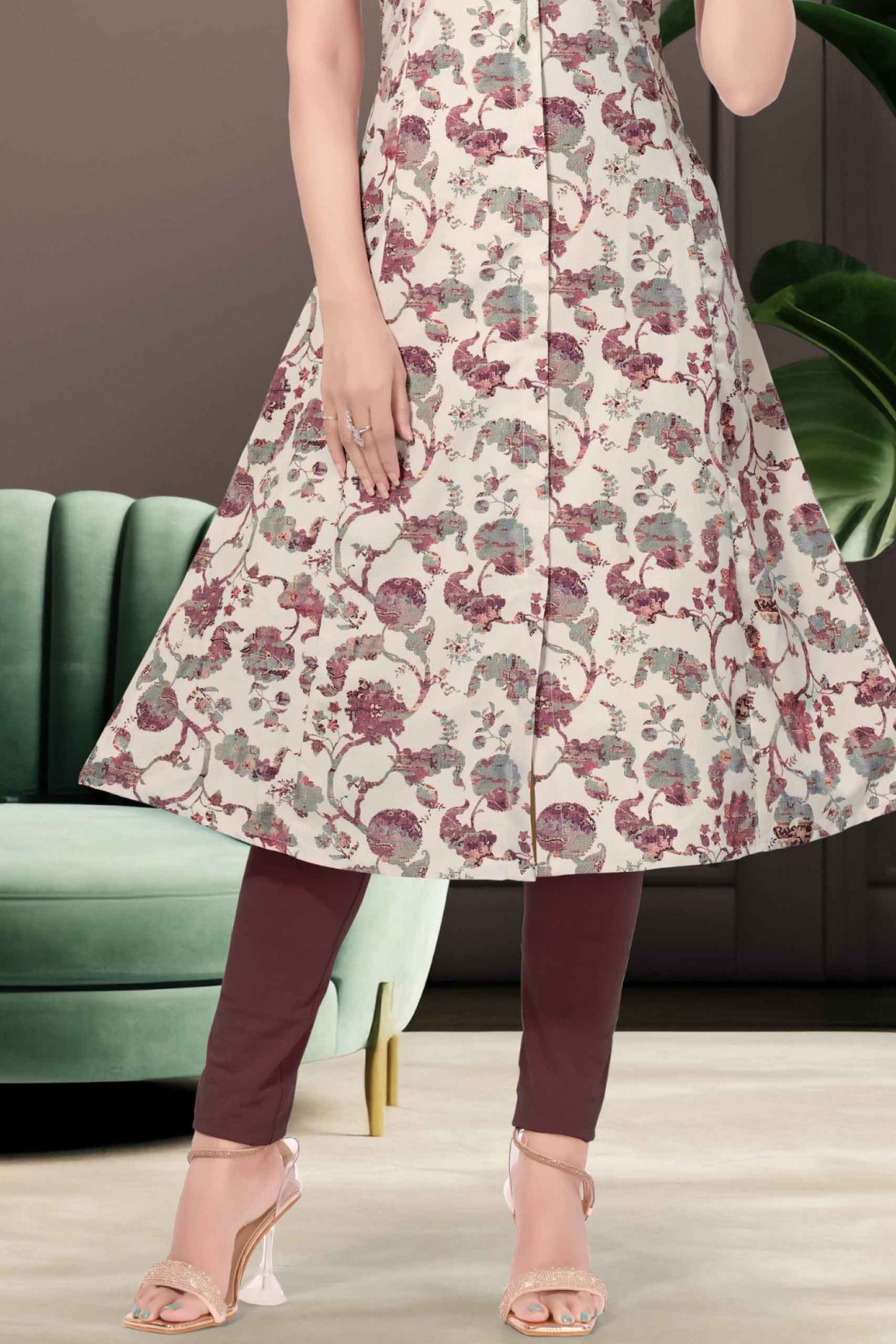 Beige Maroon Floral Printed A-Line Kurti