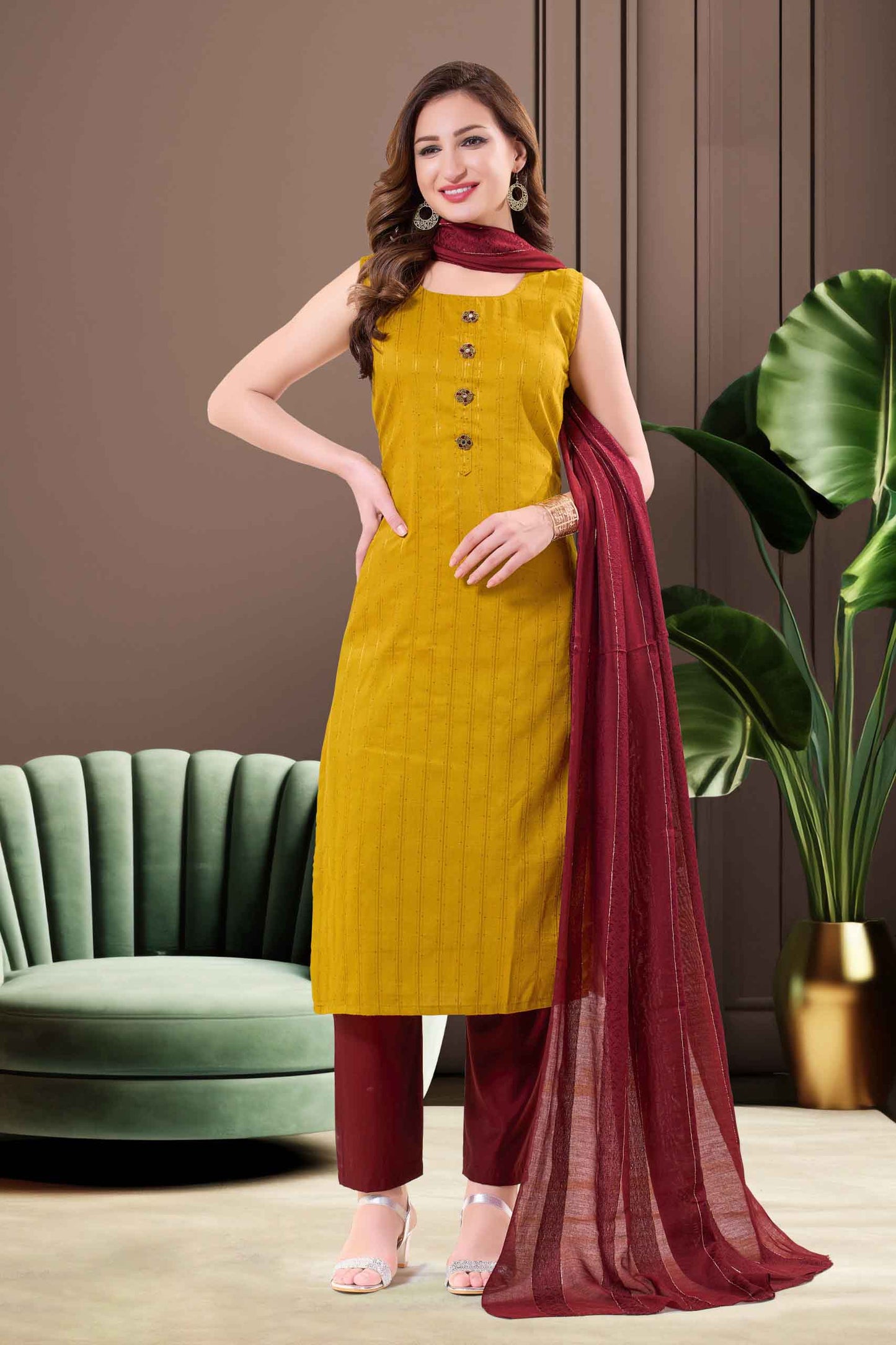 Mustard Yellow Kurti Set with Button Detail
