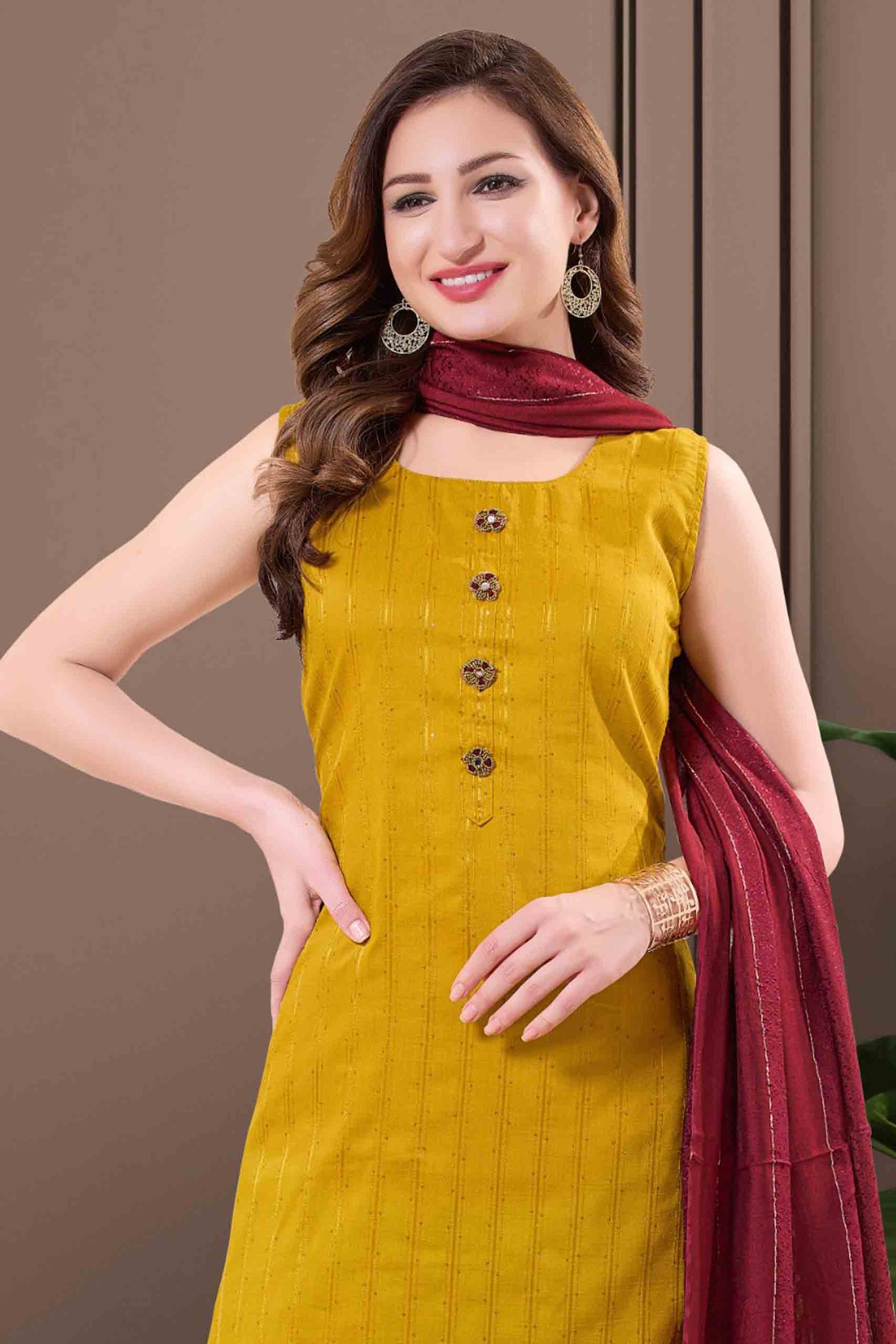 Mustard Yellow Kurti Set with Button Detail