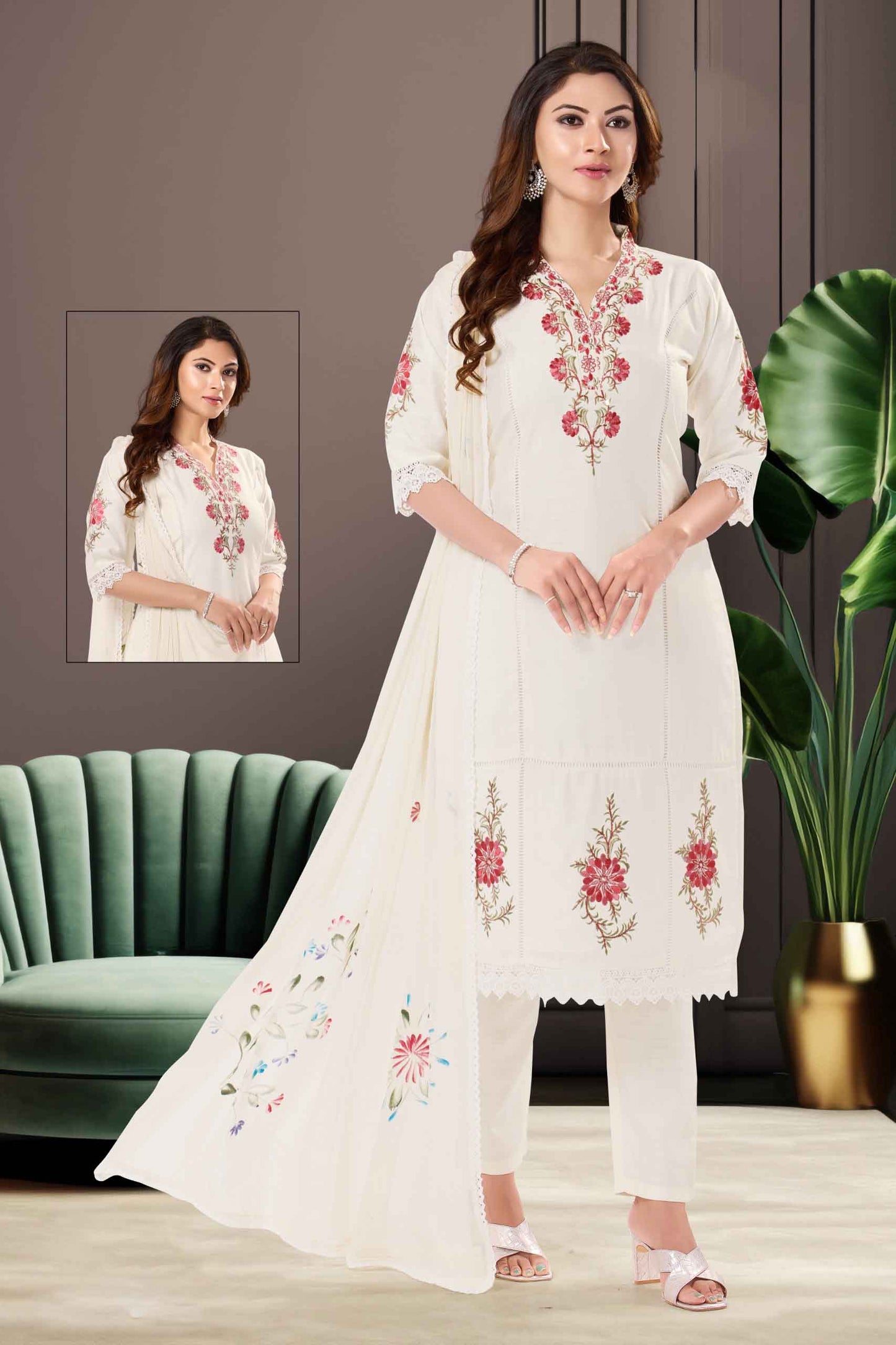 Off White Embroidered Kurti Set with Floral Dupatta