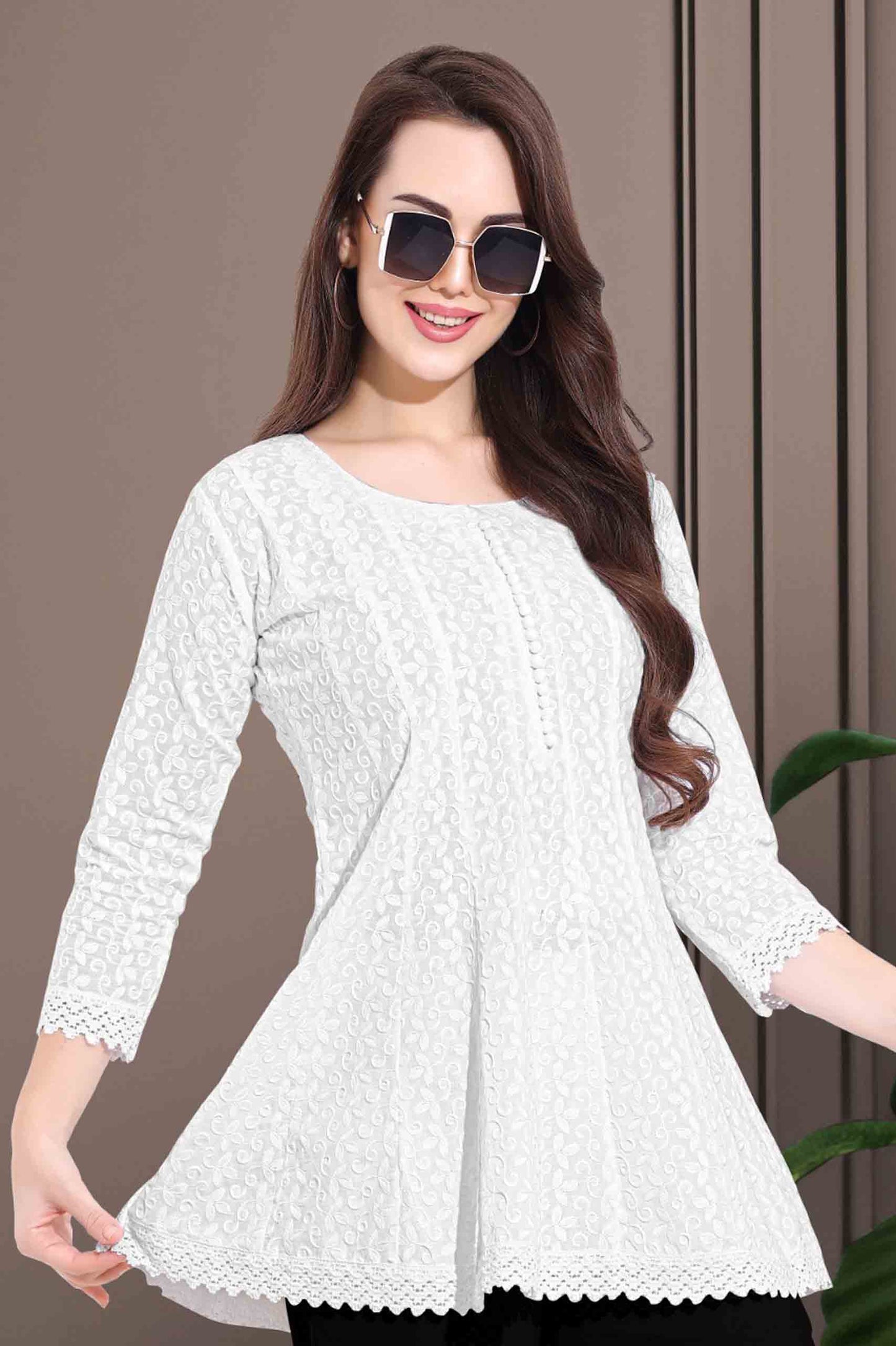 White Flared Short Kurti in Georgette with Thread Embroidery