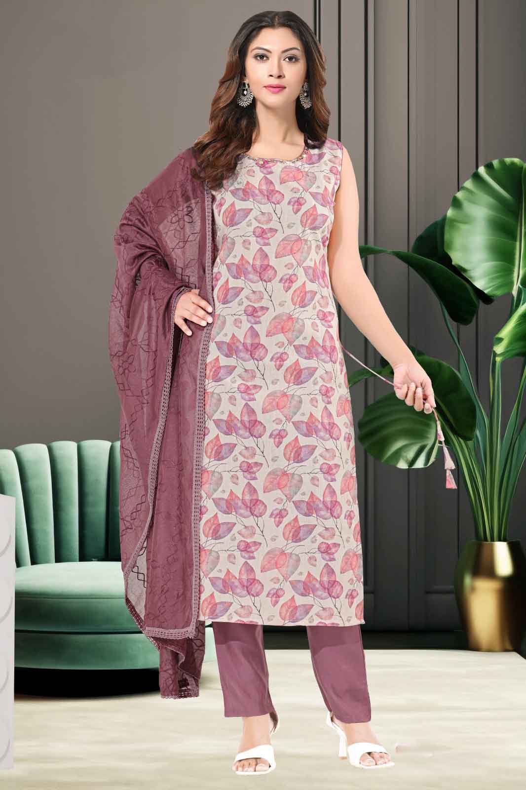 Pink Leaf Print Kurti Set with Solid Pant & Dupatta