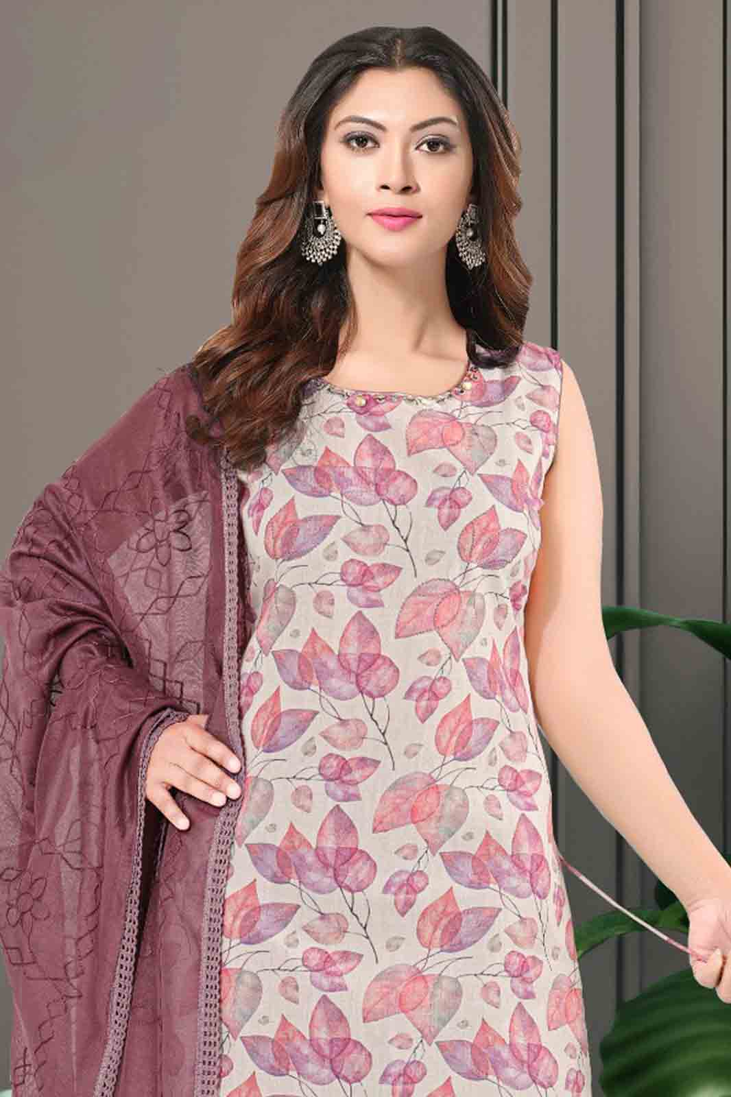 Pink Leaf Print Kurti Set with Solid Pant & Dupatta