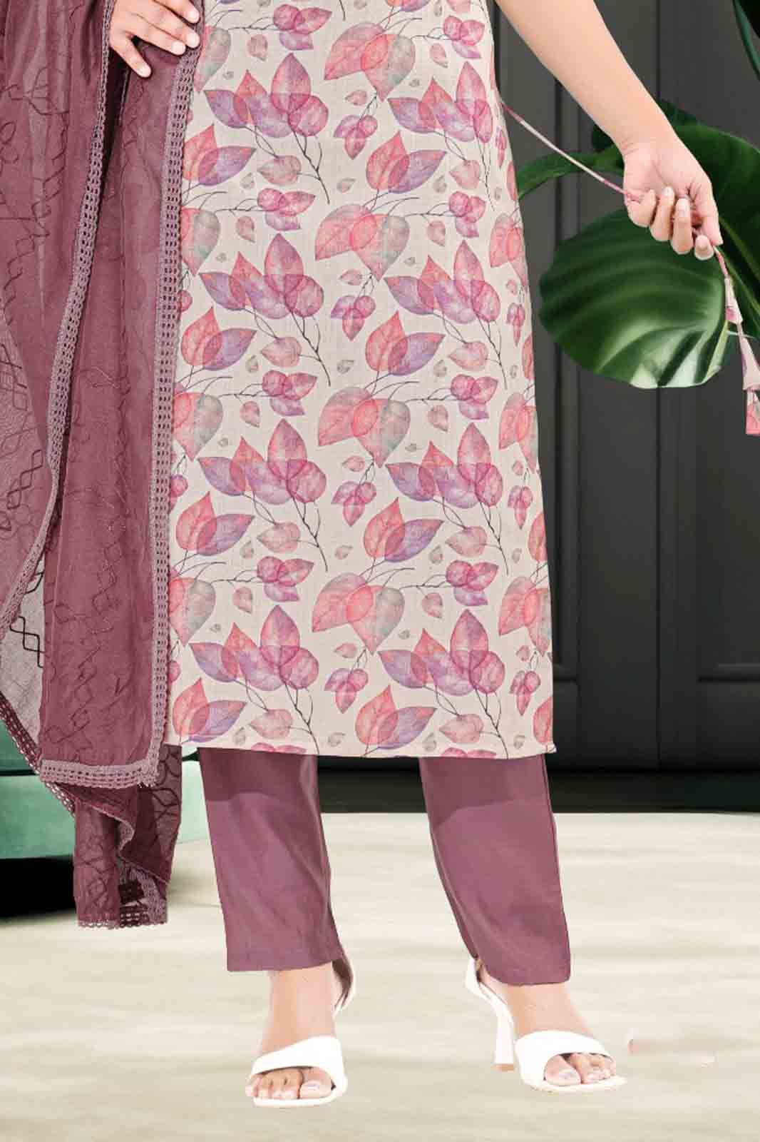 Pink Leaf Print Kurti Set with Solid Pant & Dupatta