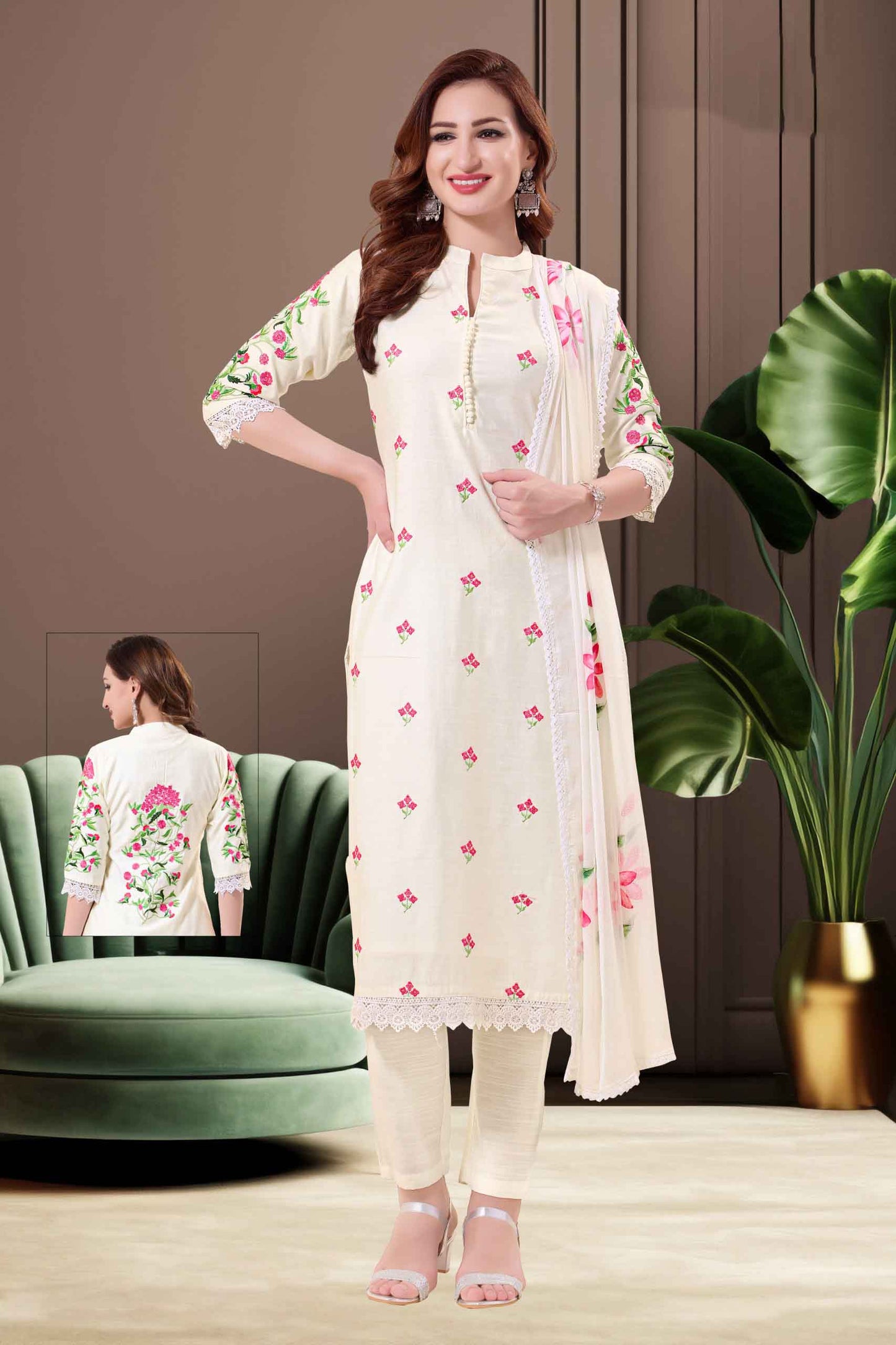 Off White Floral Embroidered Kurti Set with Dupatta