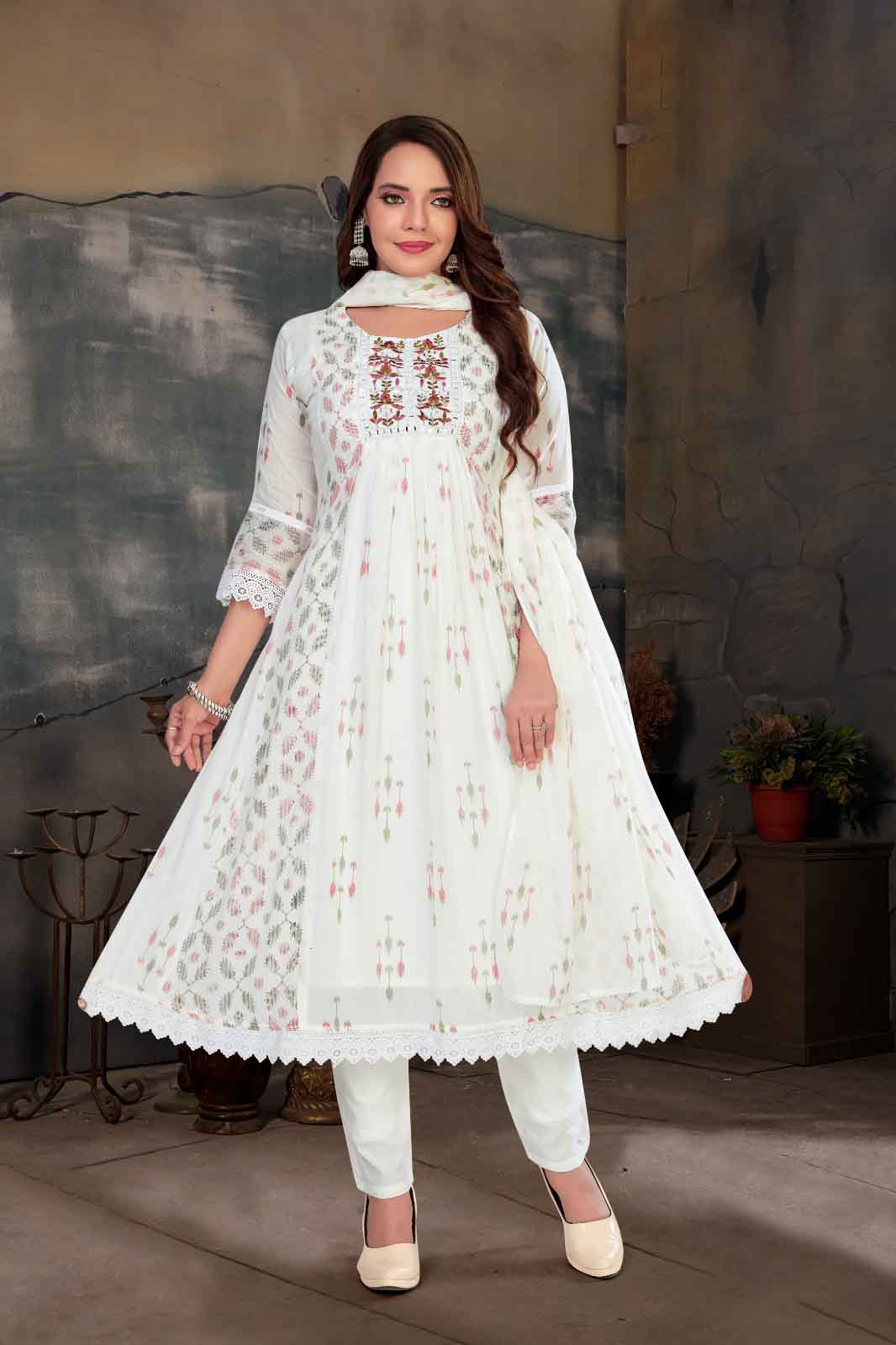 White Floral Embroidered Anarkali Suit Set