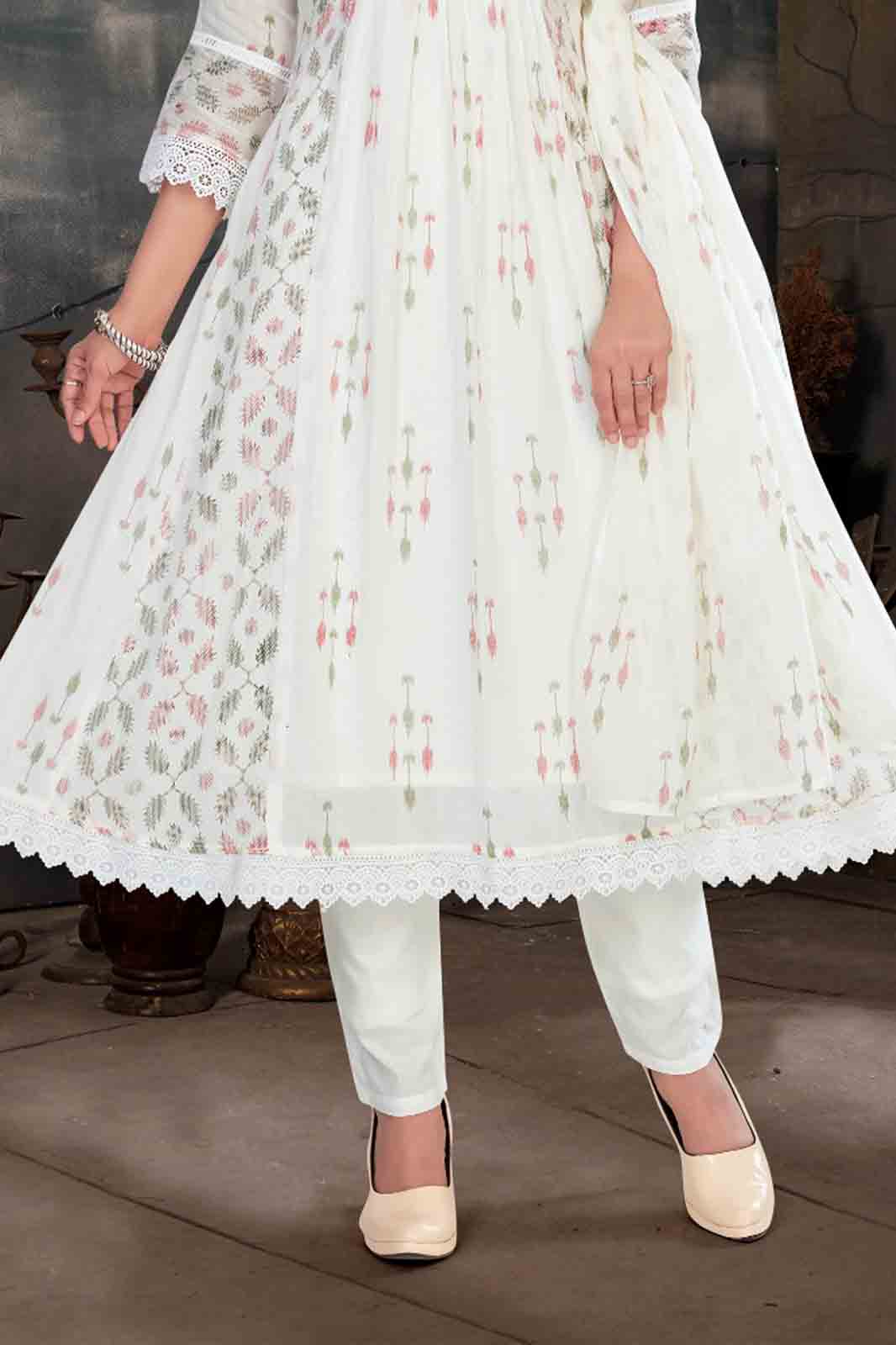 White Floral Embroidered Anarkali Suit Set