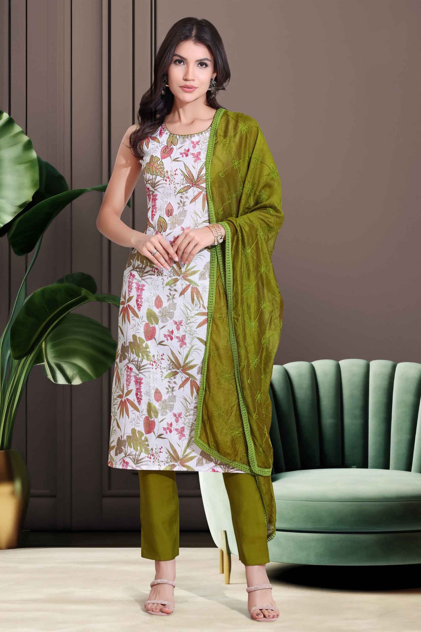 Olive Green & White Floral Printed Kurti Set with Embroidered Dupatta