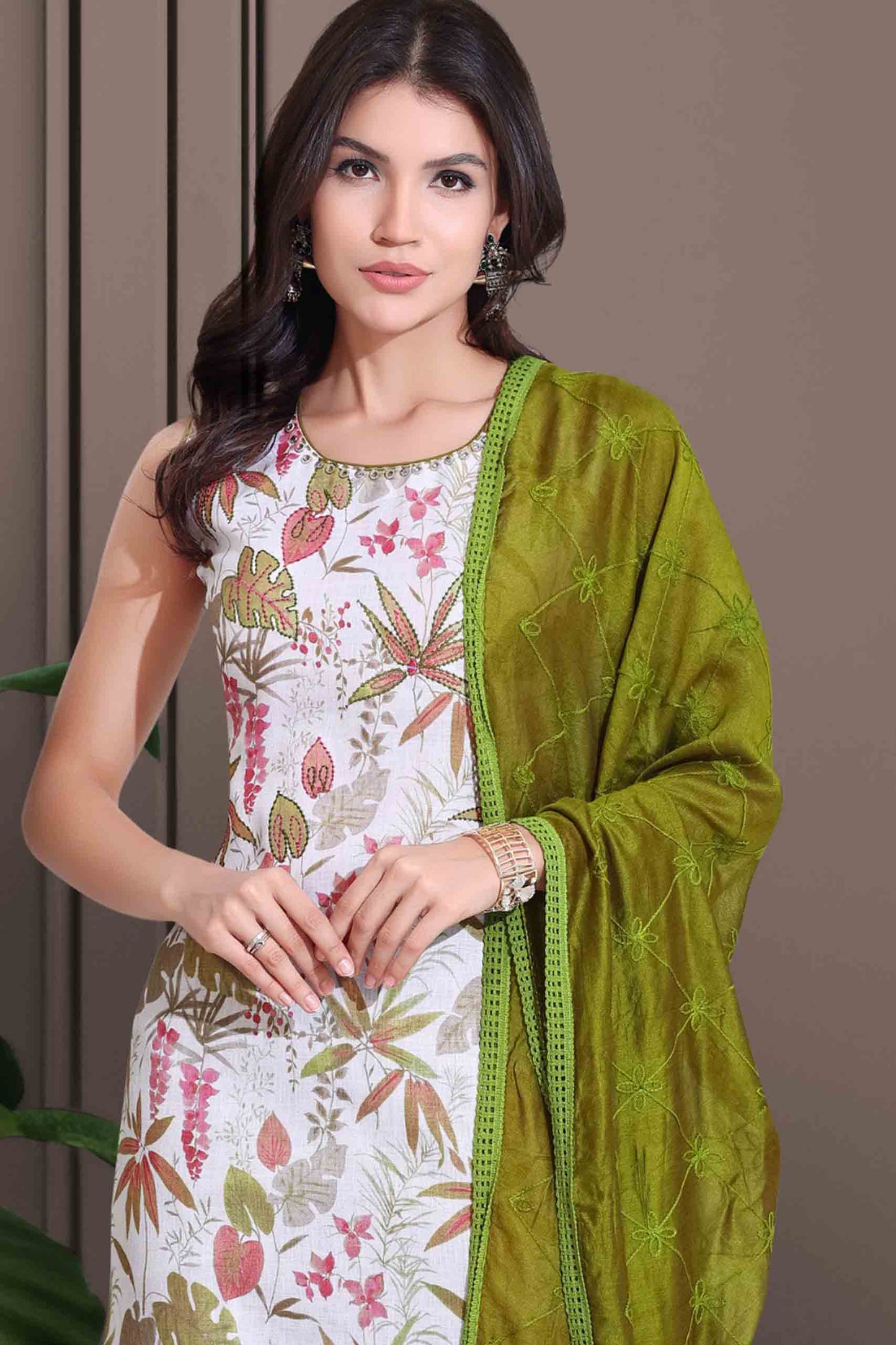 Olive Green & White Floral Printed Kurti Set with Embroidered Dupatta