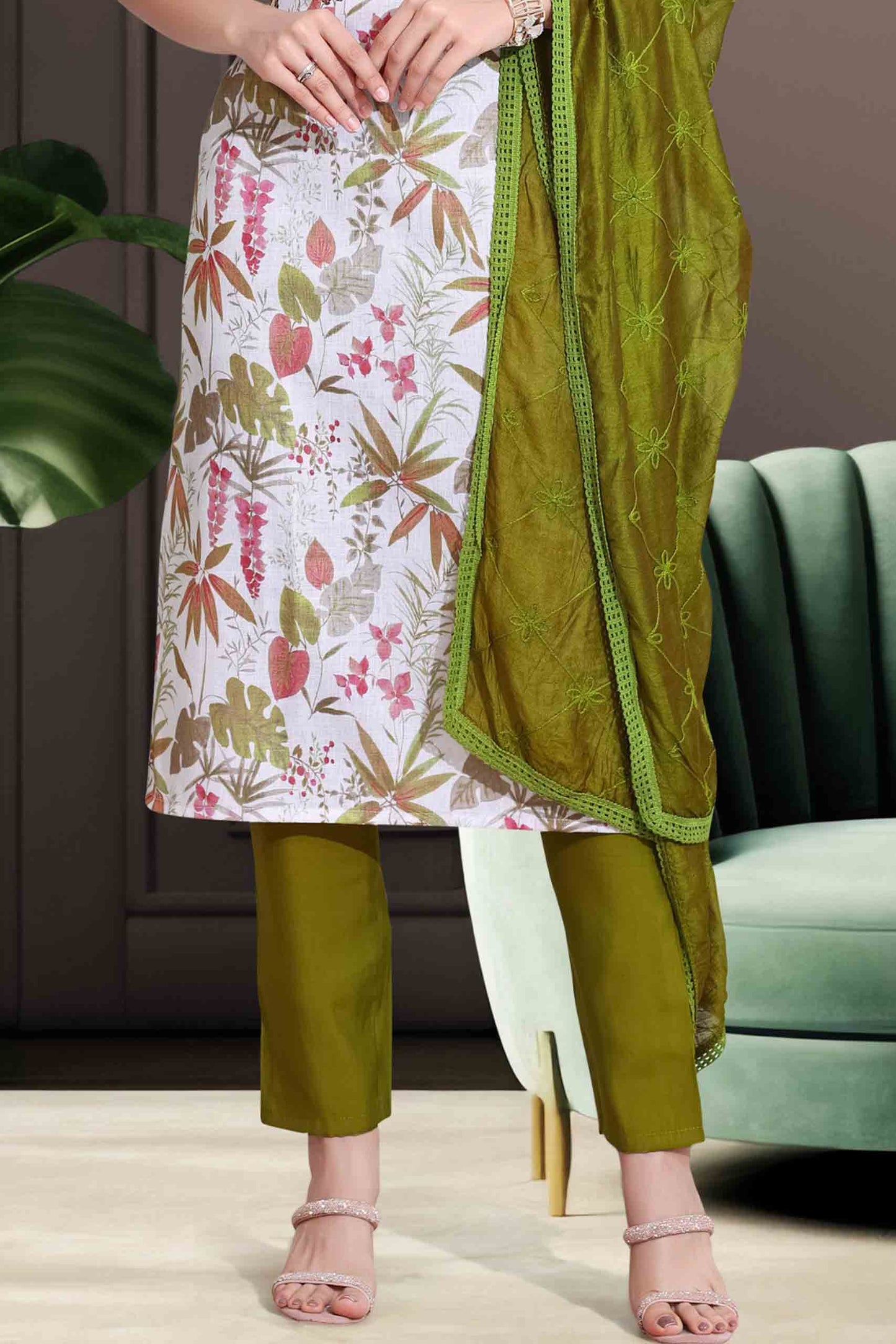 Olive Green & White Floral Printed Kurti Set with Embroidered Dupatta