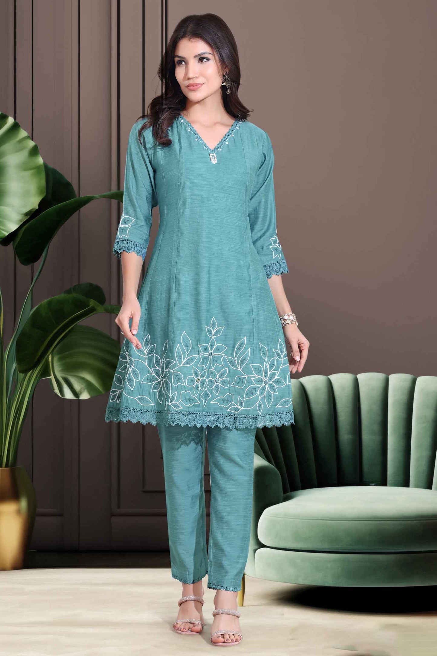 Teal Blue Floral Embroidered Co-ord Set