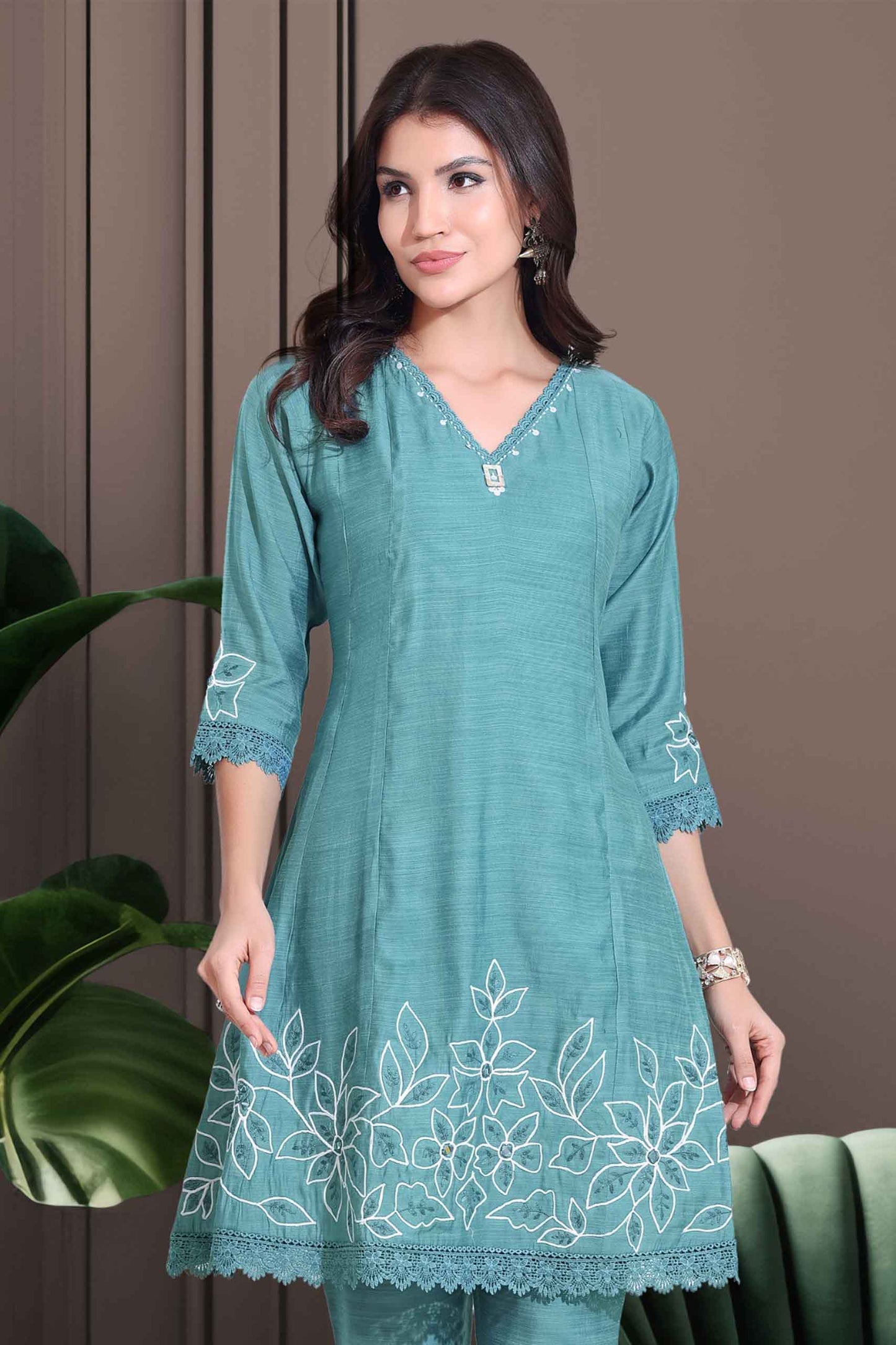 Teal Blue Floral Embroidered Co-ord Set