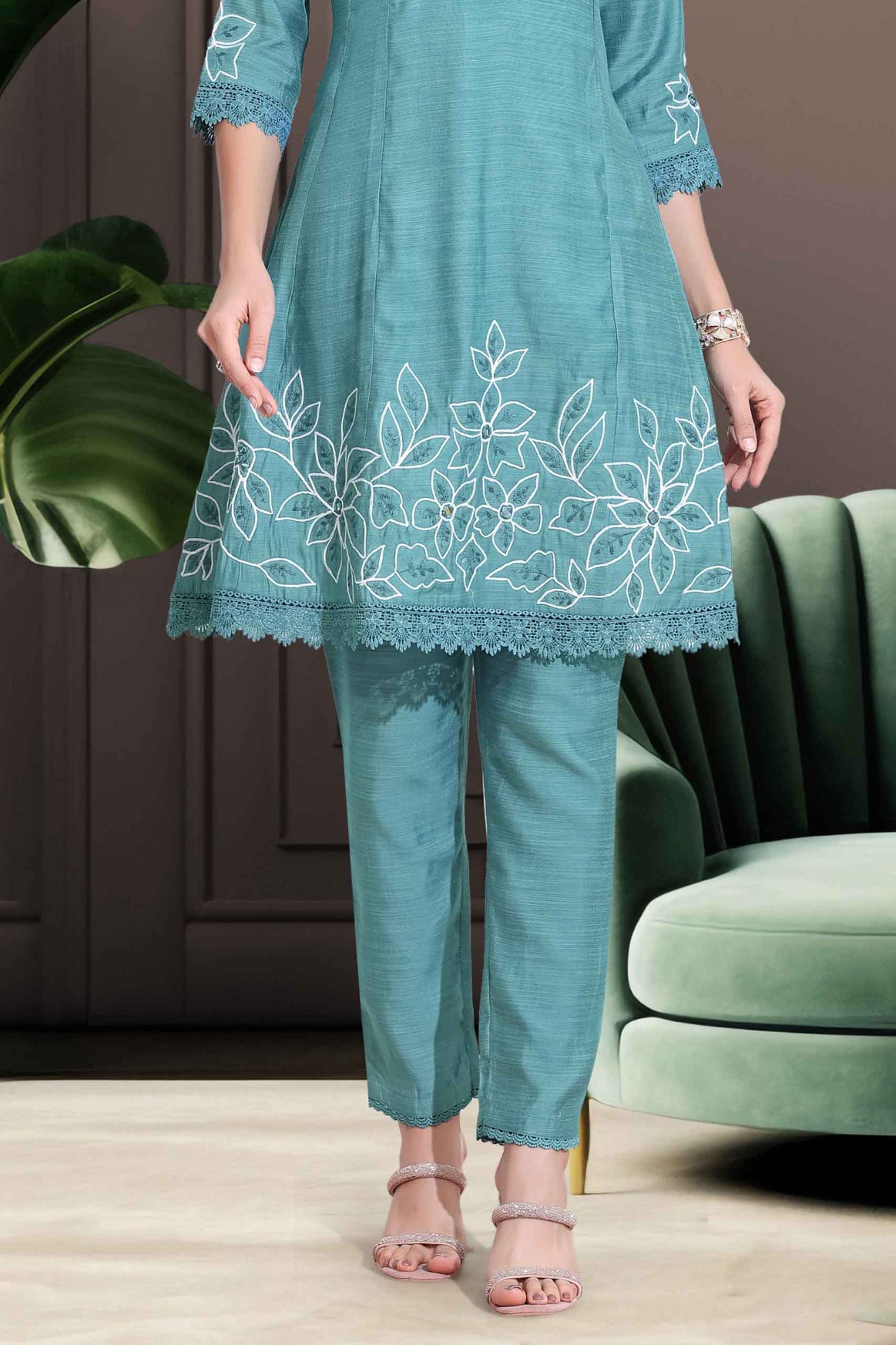 Teal Blue Floral Embroidered Co-ord Set