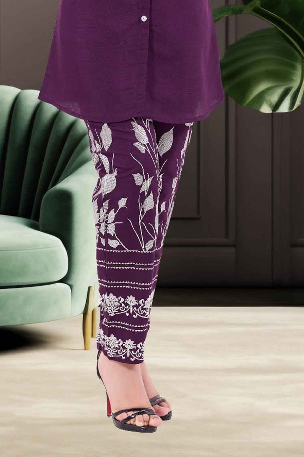 Purple Printed Co-ord Set with Buttoned Shirt Kurti