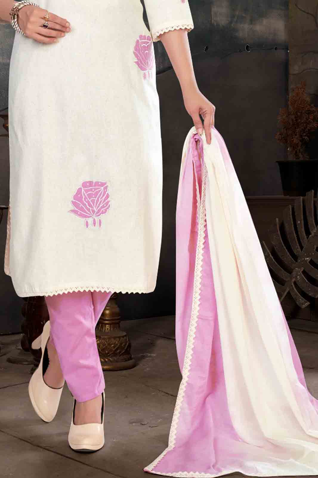 White & Pink Kurti Set with Handblock Rose Print