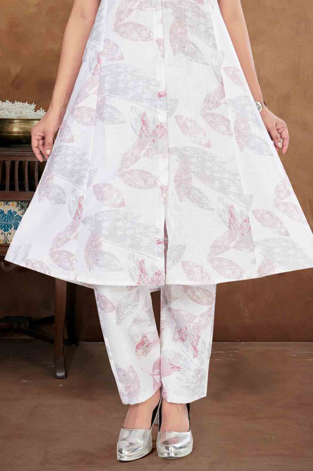 Elegant White Kurti Set with All-Over Leaf Print and Straight Pants