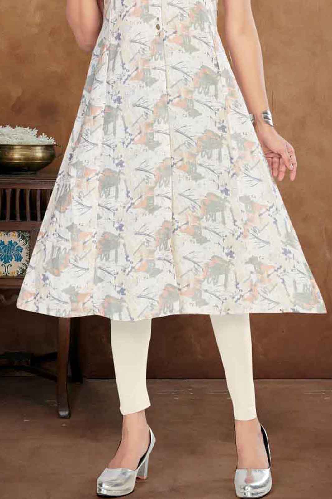 Off-White Ethnic Printed A-line Kurti