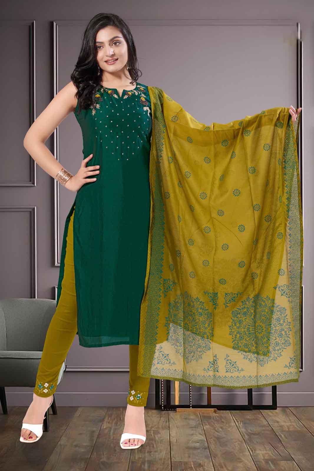 Green Kurti Set with Mustard Gold Dupatta & Thread Embroidery Zoymi Green Kurti Set with Mustard Gold Dupatta & Thread Embroidery Zoymi