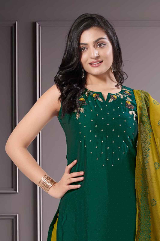 Green Kurti Set with Mustard Gold Dupatta & Thread Embroidery
