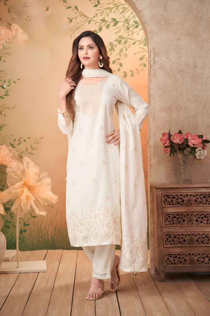 Ivory Suit with Floral Embroidery and Textured Dupatta