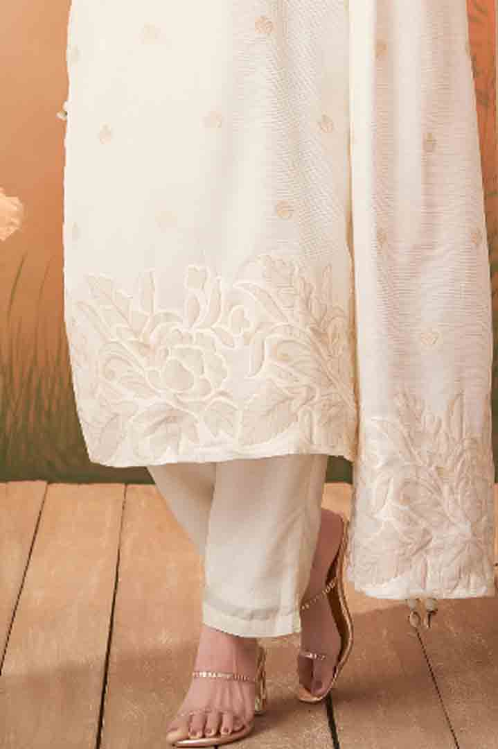 Ivory Suit with Floral Embroidery and Textured Dupatta