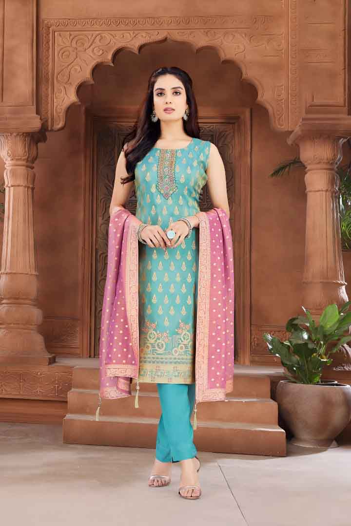 Blue Embroidered Suit with Mauve Pink Dupatta