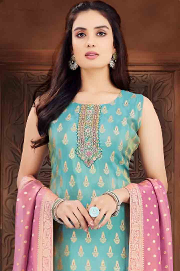 Blue Embroidered Suit with Mauve Pink Dupatta