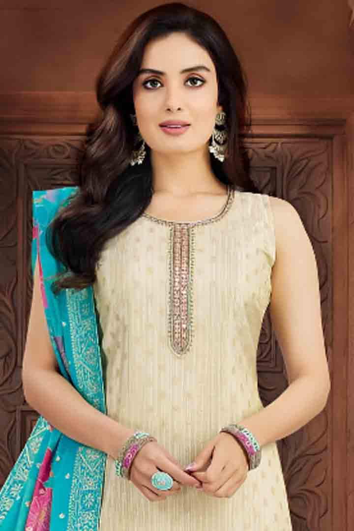 Ivory Suit Set with Blue Floral Dupatta