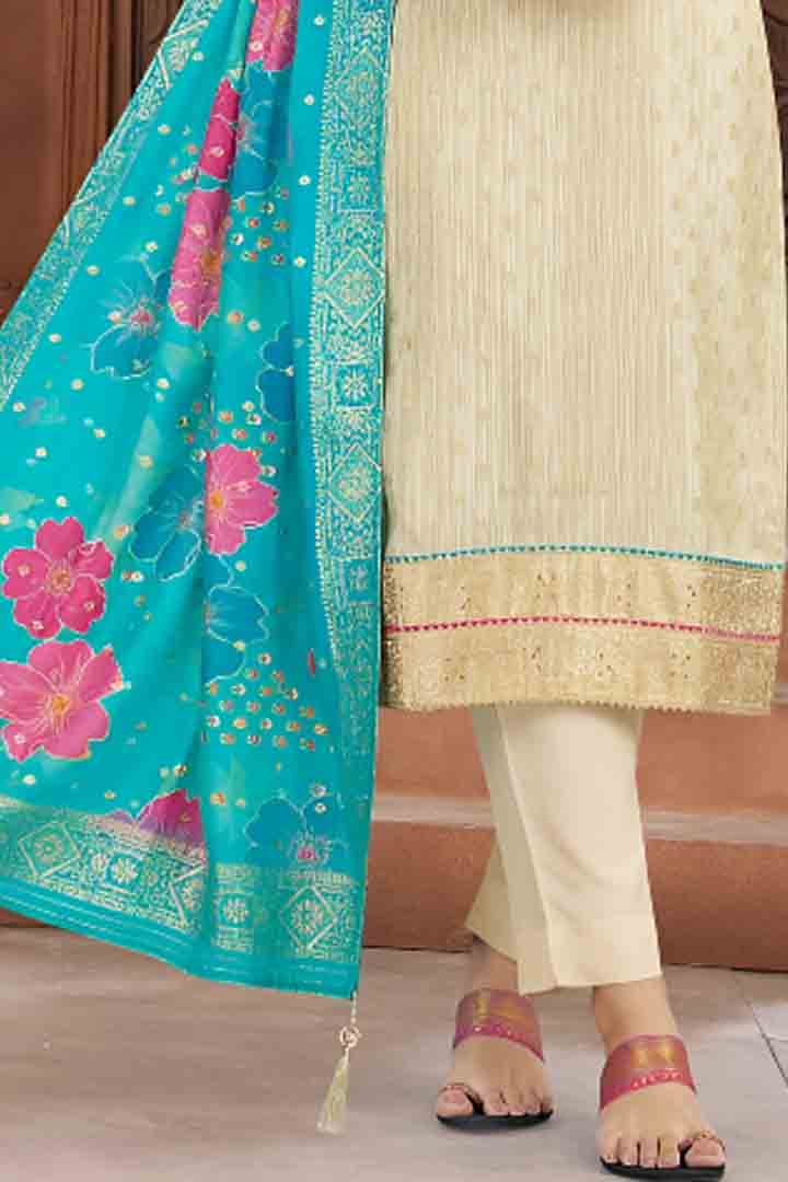 Ivory Suit Set with Blue Floral Dupatta