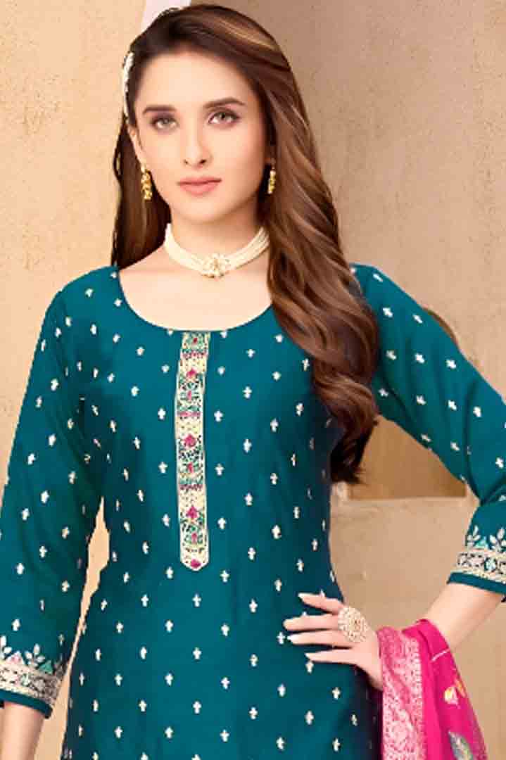 Teal Blue Embroidered Suit Set with Hot Pink Dupatta