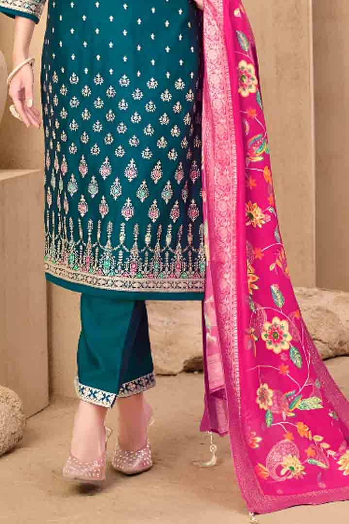 Teal Blue Embroidered Suit Set with Hot Pink Dupatta