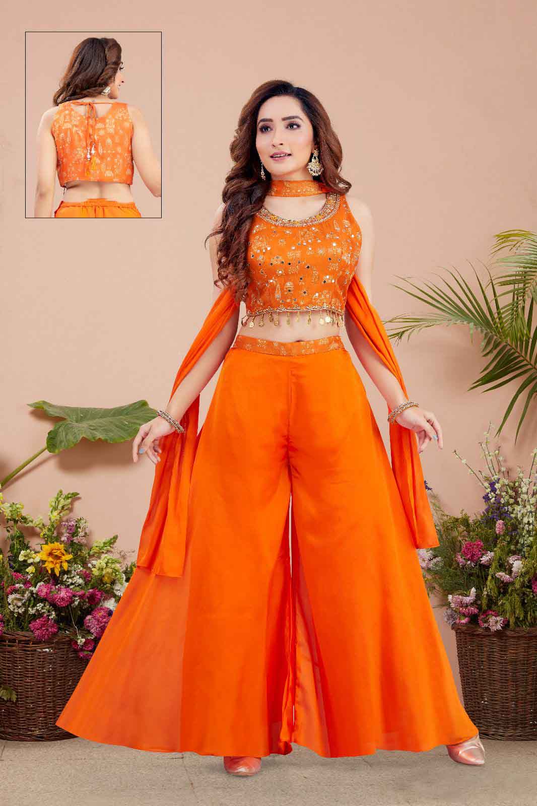 Orange Indo-Western Crop Top & Palazzo Set