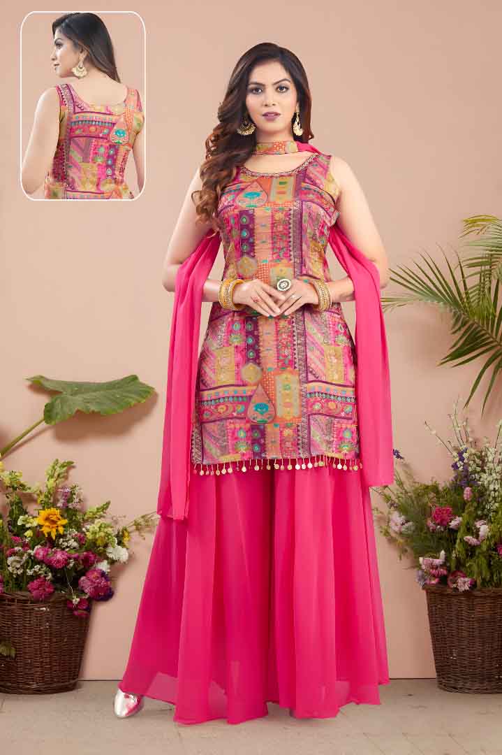 Pink Sharara Set with Multicolor Printed Top