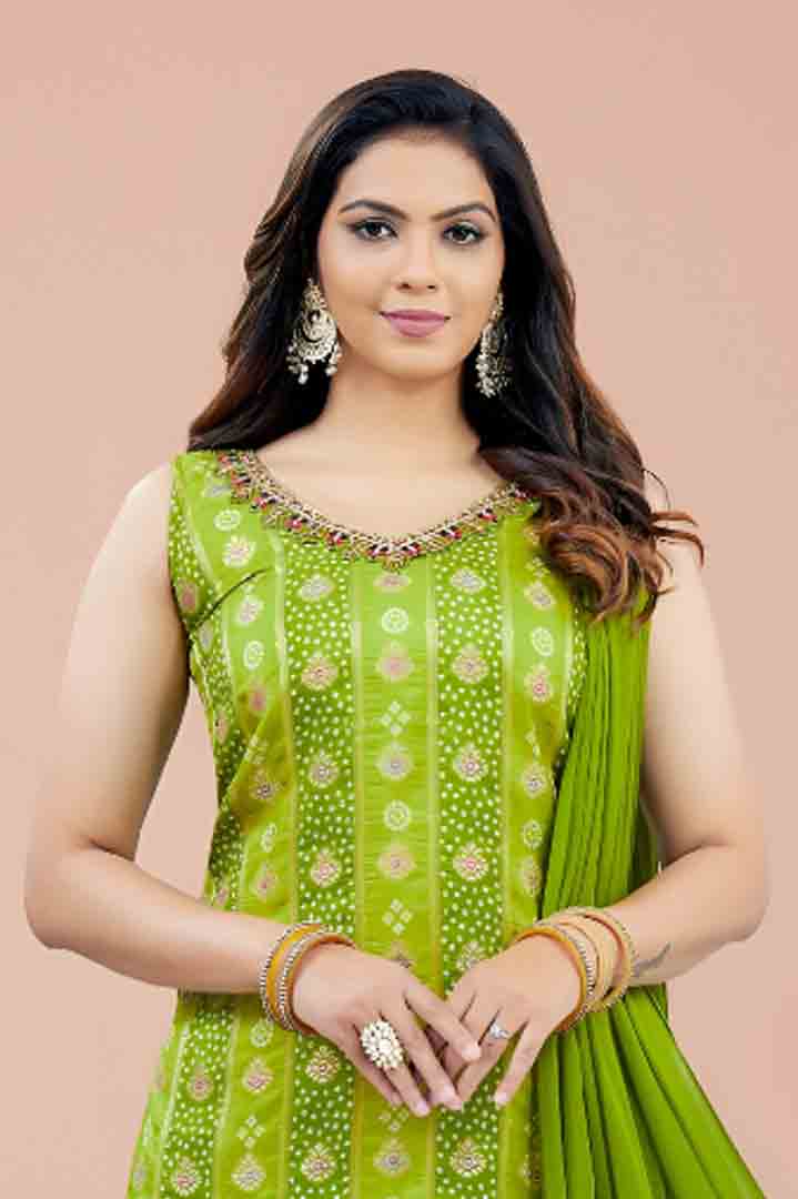Green Suit with Traditional Motifs and Multicolor Hem Embroidery