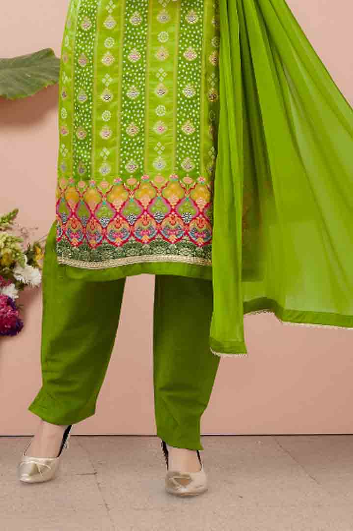 Green Suit with Traditional Motifs and Multicolor Hem Embroidery