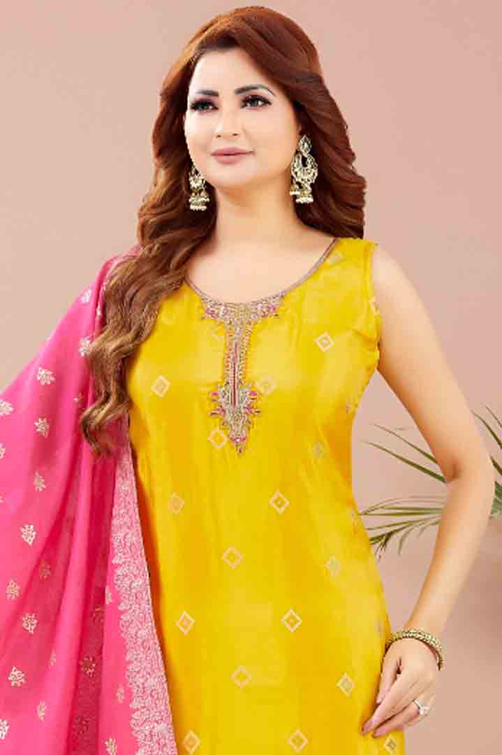 Yellow Straight-Cut Suit with Contrasting Pink Dupatta