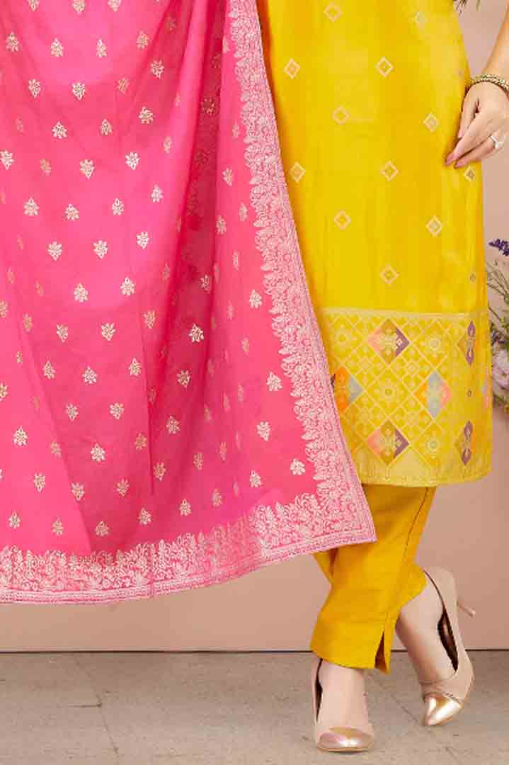 Yellow Straight-Cut Suit with Contrasting Pink Dupatta