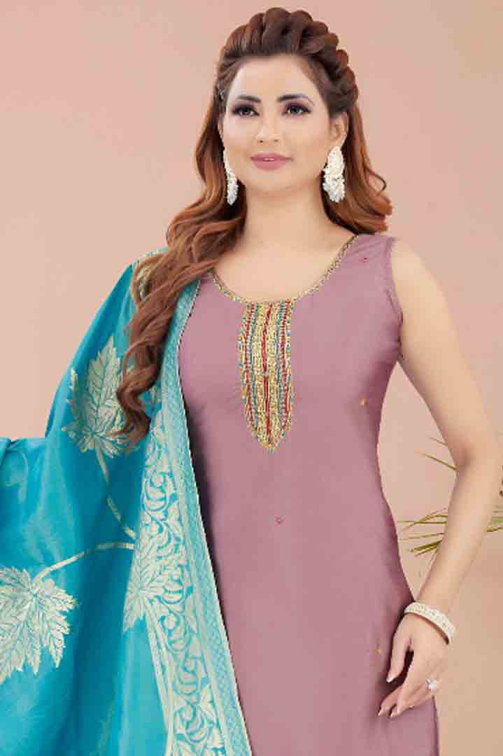 Light Purple Straight Kurta Set with Blue Leaf Dupatta