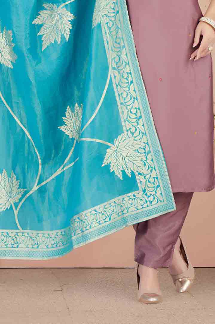 Light Purple Straight Kurta Set with Blue Leaf Dupatta