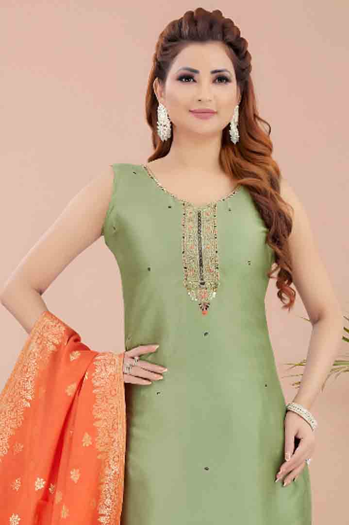 Green Straight Kurta Set with Orange Dupatta