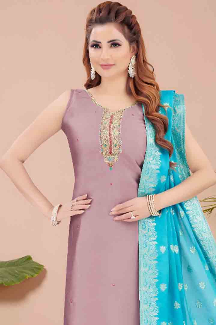 Light Purple Straight Kurta Set with Blue Dupatta