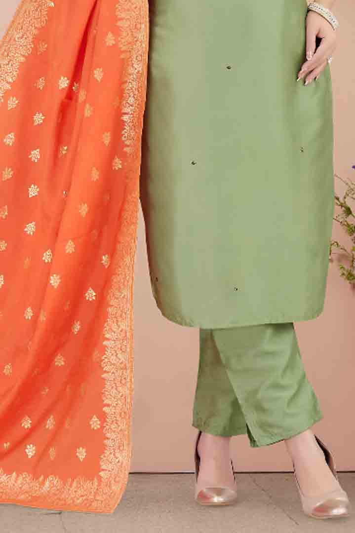 Green Straight Kurta Set with Orange Dupatta