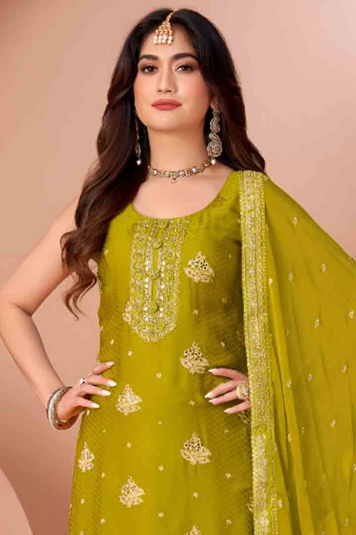 Green Straight-Cut Suit with Sequin Embellished Dupatta