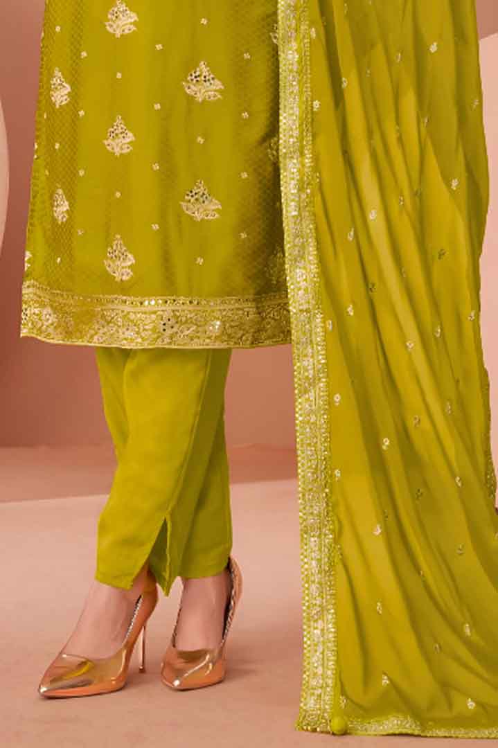 Green Straight-Cut Suit with Sequin Embellished Dupatta