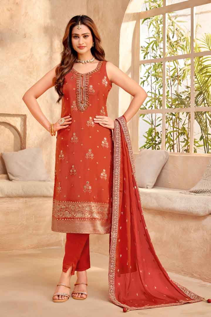 Orange Suit Set with Embroidered Zari Border Dupatta